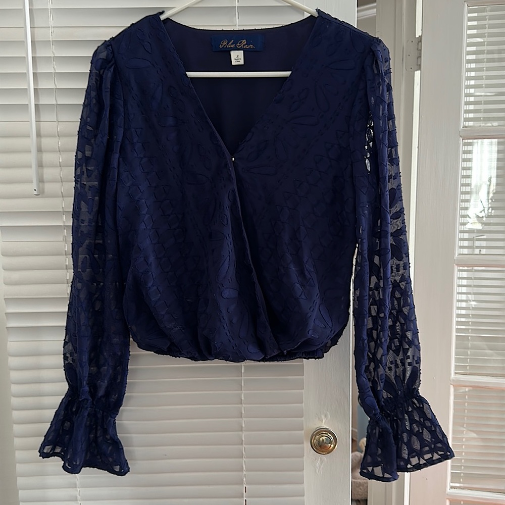 Blue Rain crop top sz small, navy blue, see through sleeves.